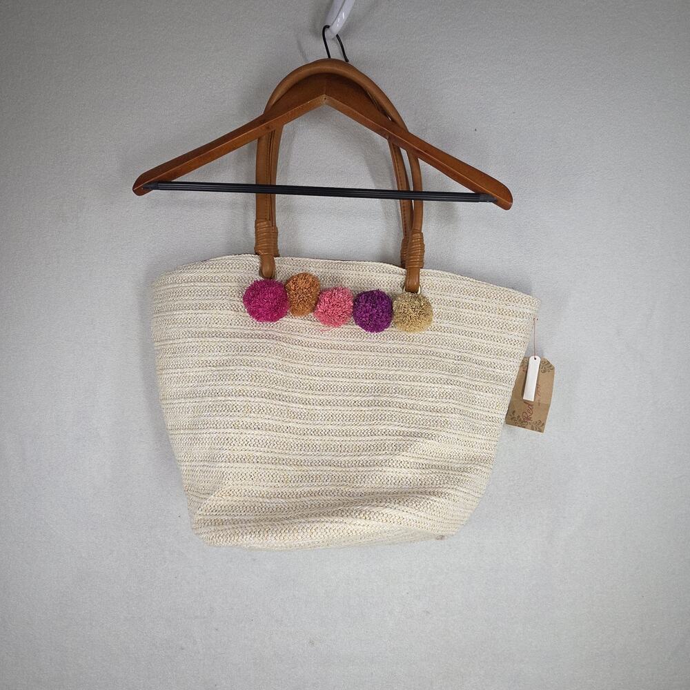 Vtg Red Camel Bag Tote Bags Purse Woven Straw Beach Pom Pom Lagenlook NWT Pool - Picture 3 of 12